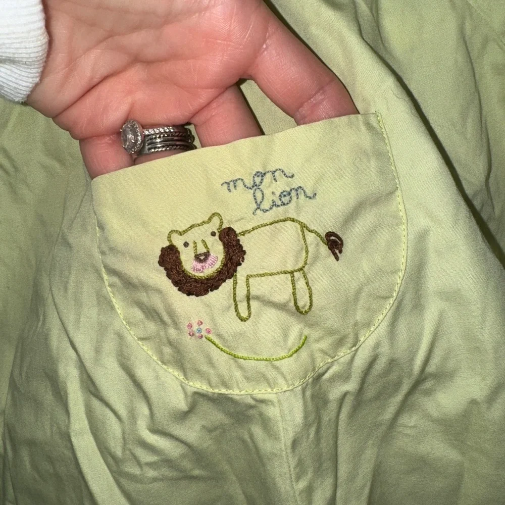 Vintage French mon lion embroidered romper coverall baby girl long sleeve lime
